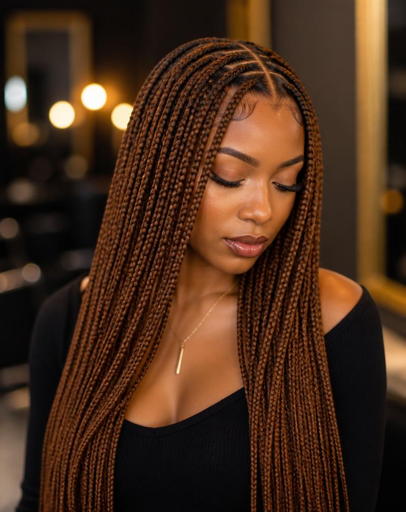 Client with long knotless braids styled at Fabi's Touch